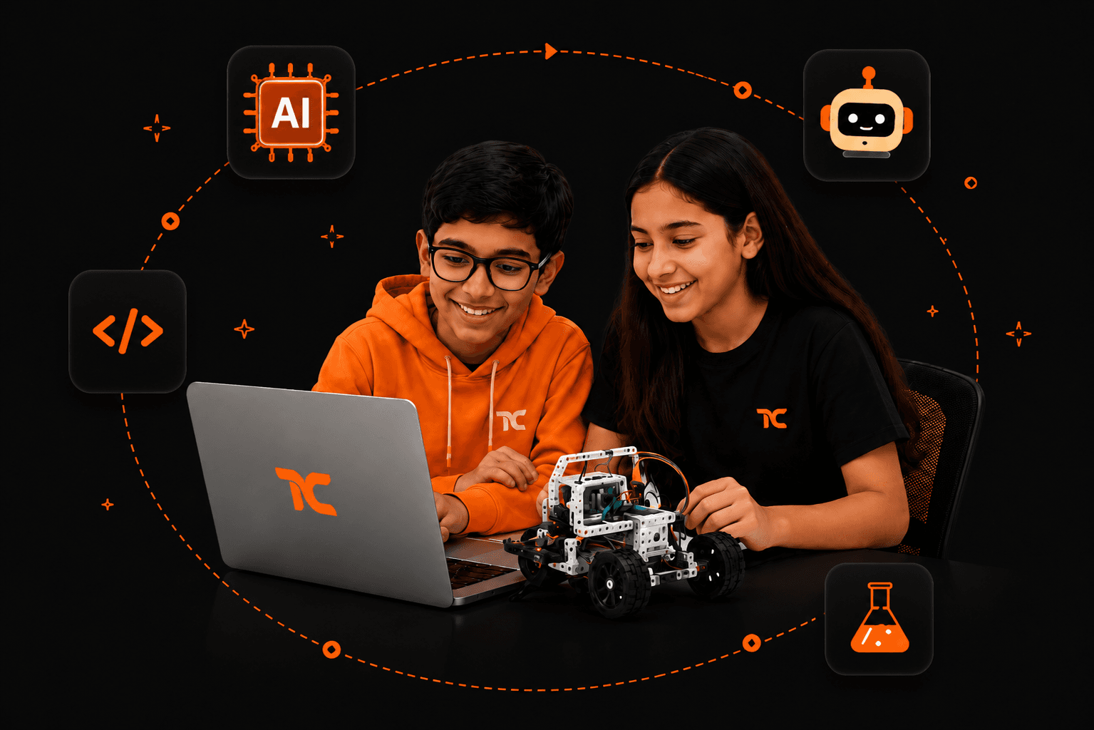 Students learning STEM and AI with a laptop and robot