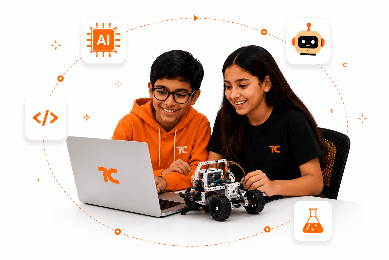 Students learning STEM and AI with a laptop and robot