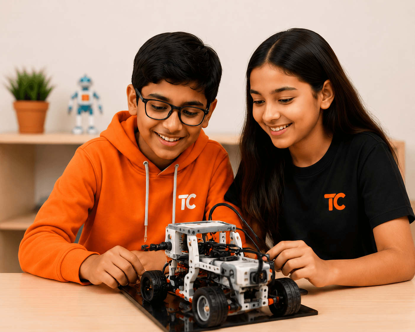 Students building a robot together